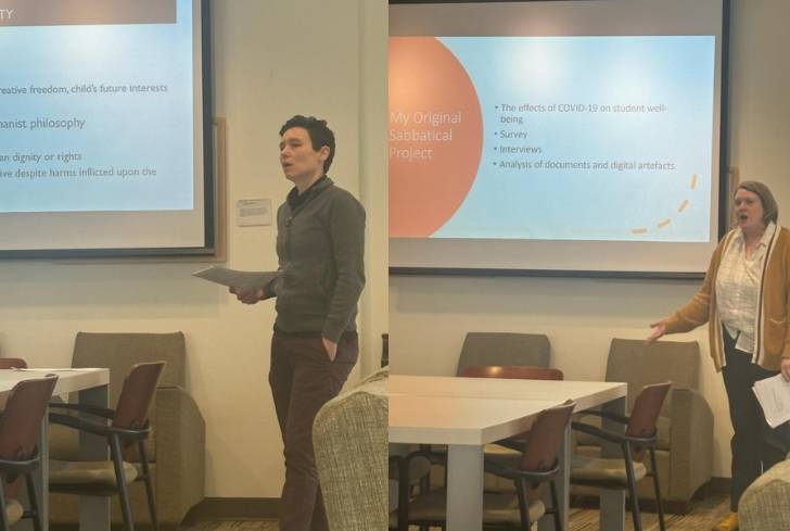 Two photos combined, each showing a professor presenting their work in front of a projector screen